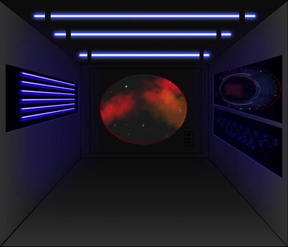Neon Lights in Hallway with View of Deep Space