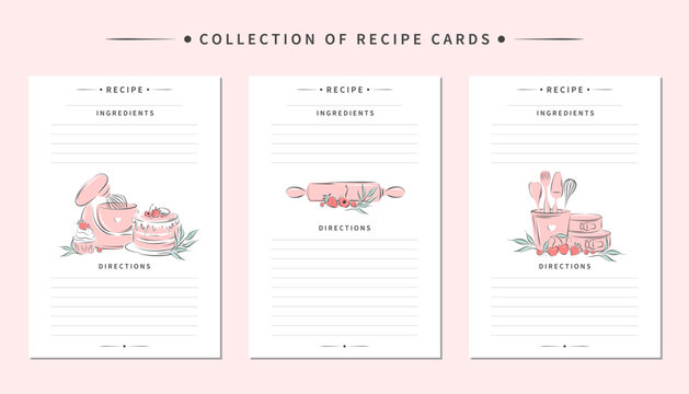 Collection of recipe card templates. Clean pages of the cookbook are decorated mixer,  kitchen tools and dessert. Vector illustration.