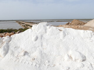 Glistening mountains of salt in the salt fields of Es Trenc, Mallorca, Balearic Islands, Spain
