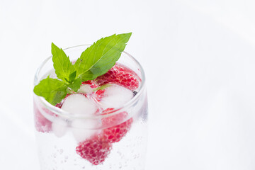 Carbonated drinks with fresh berries and ice. Fresh cold sparkling bubble water with mint, raspberry, black and red currant in transparent glass with ice, angle view macro. Food and drink concept