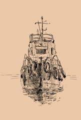 black pen drawing on a kraft paper. "the tug boat on the water." front view.  vertical composition