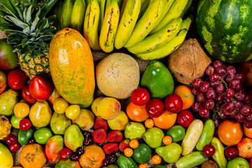fruits and vegetables. fruits of all colors. group of fruits and vegetables all together. tropical fruits. latin american food.  