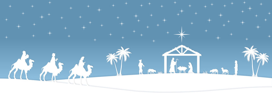 Blue Christmas Nativity scene banner background. Vector illustration.