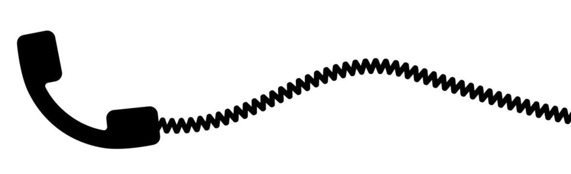 Telephone receiver with a cord. Phone handset with extension cord. Black silhouette isolated on a white background. Vector clipart.