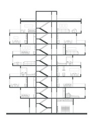 Linear architectural section plane - multistory appartment building with furniture