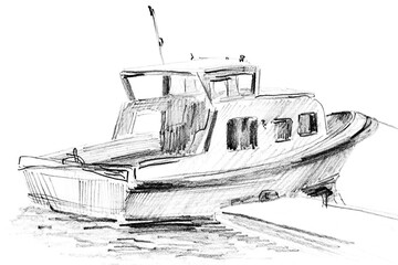 Black pencil drawing on a white paper "Speedboat at the gangway". Sketch