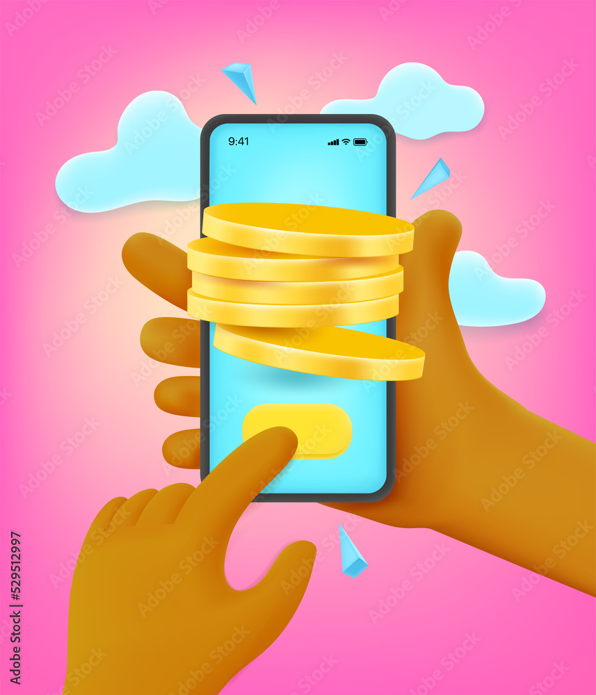 Aufkleber man mining money via smartphone. 3d style vector illustration