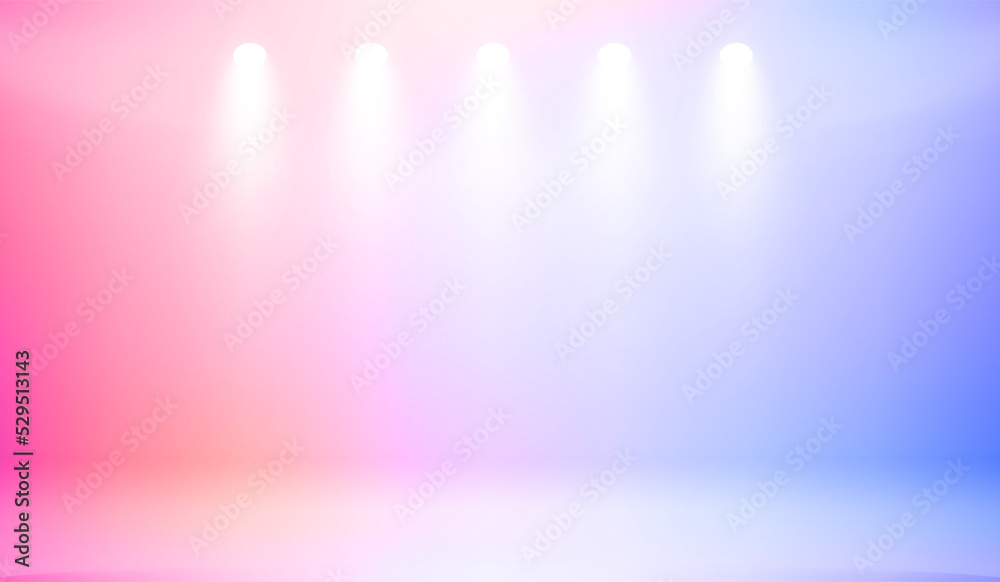 Poster vivid illuminated studio with projectors. 3d vector illustration