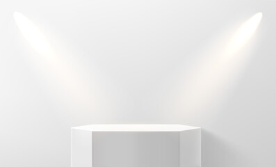White empty stage illuminated with podium and projectors. 3d vector