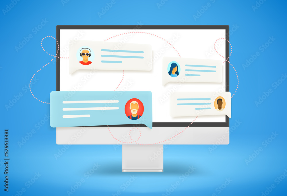 Poster Modern computer monitor with social media communication clouds. 3d vector illustration
