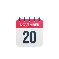 November Realistic Calendar Icon 3D Rendered Date November 20