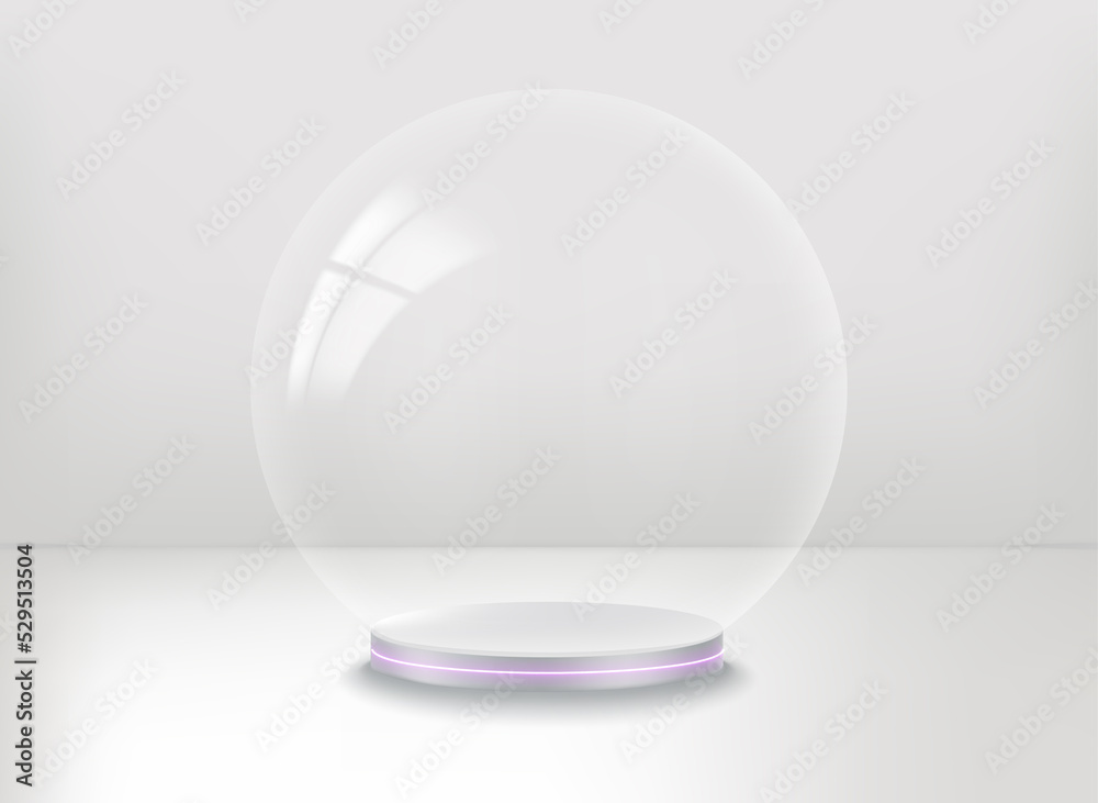 Poster empty white showcase with transparent glass sphere. 3d vector presentation mockup