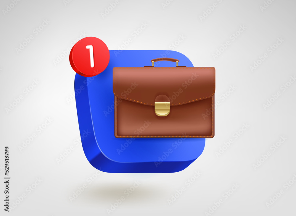 Poster Business case concept. 3d vector mobile application icon with notification