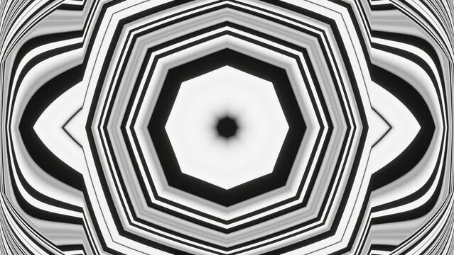 A looped linear and shape animation in black and white in the form of a kaleidoscope and a moving mandala for meditation in the form of a background