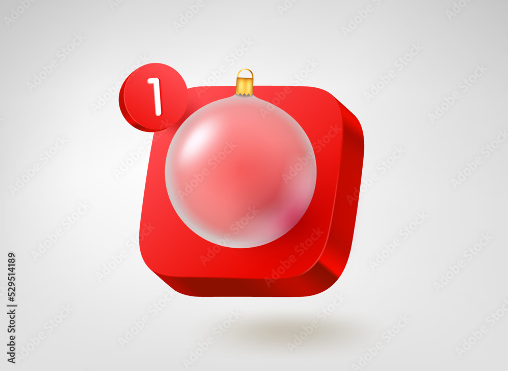 Poster glass christmas bauble on red button. 3d vector mobile application icon