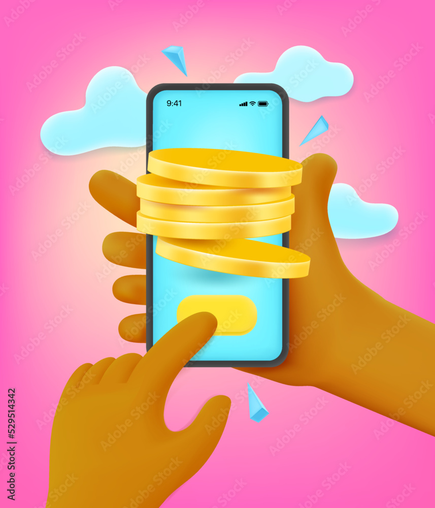 Poster man mining money via smartphone. 3d style vector illustration