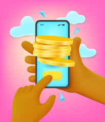 Man mining money via smartphone. 3d style vector illustration
