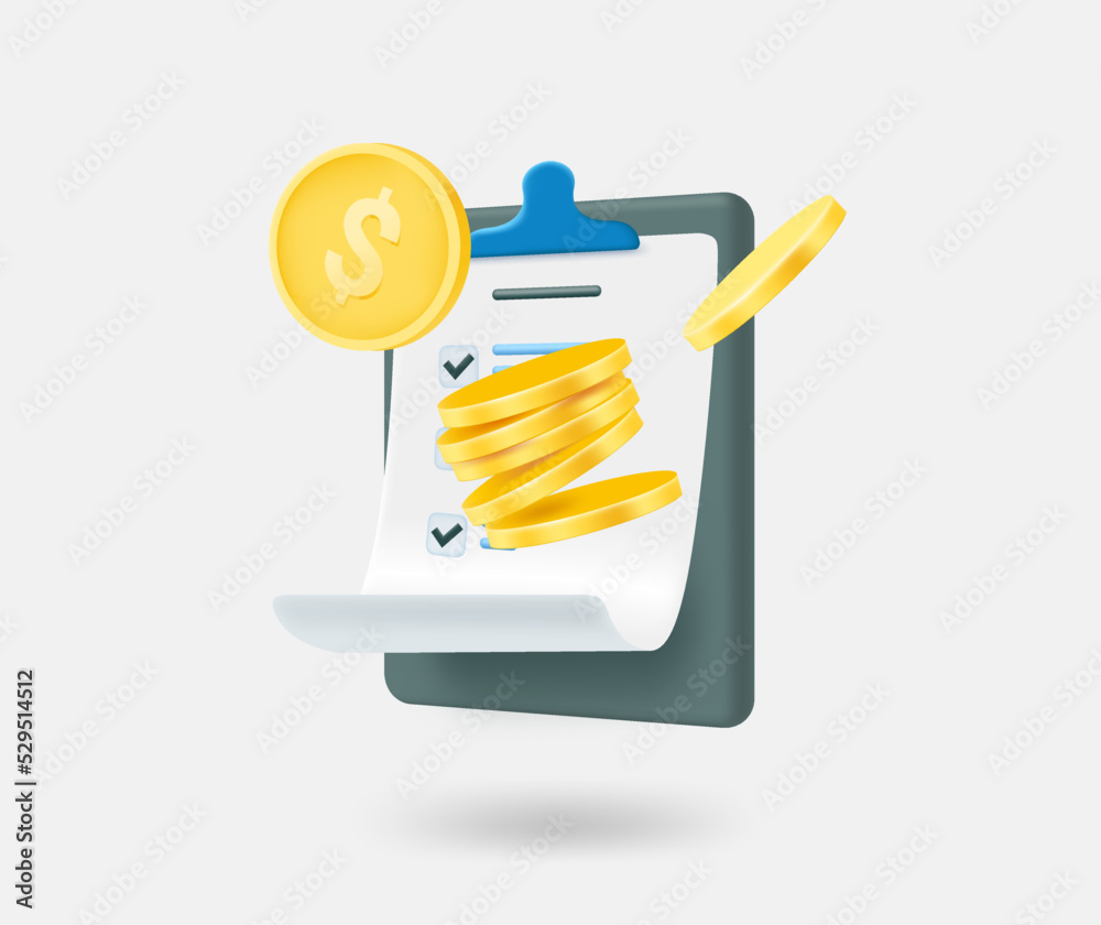 Poster paperclip with checklist and golden coins. receiving payment concept. 3d vector isolated illustratio