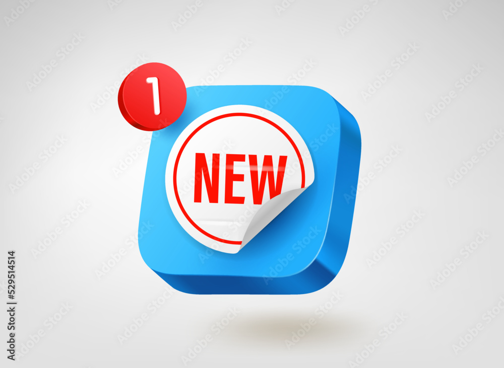 Poster New sticker on blue button with notification. 3d vector mobile application icon