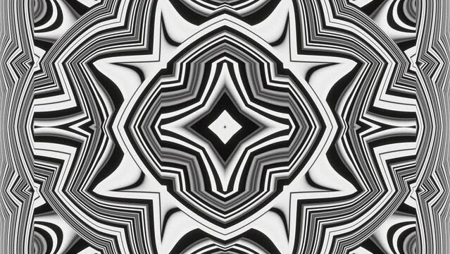 A looped linear and shape animation in black and white in the form of a kaleidoscope and a moving mandala for meditation in the form of a background