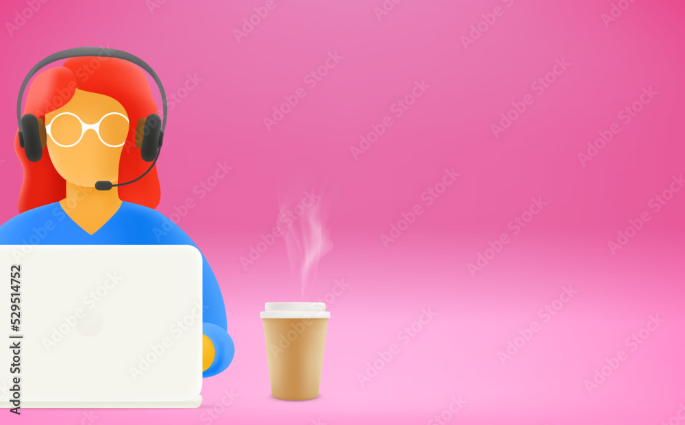 Poster hotline support concept. man online. 3d style cute illustration with copy space