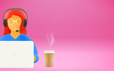 Hotline support concept. Man online. 3d style cute illustration with copy space