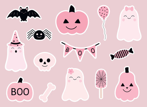Cute pink ghosts pumpkin Halloween stickers printable