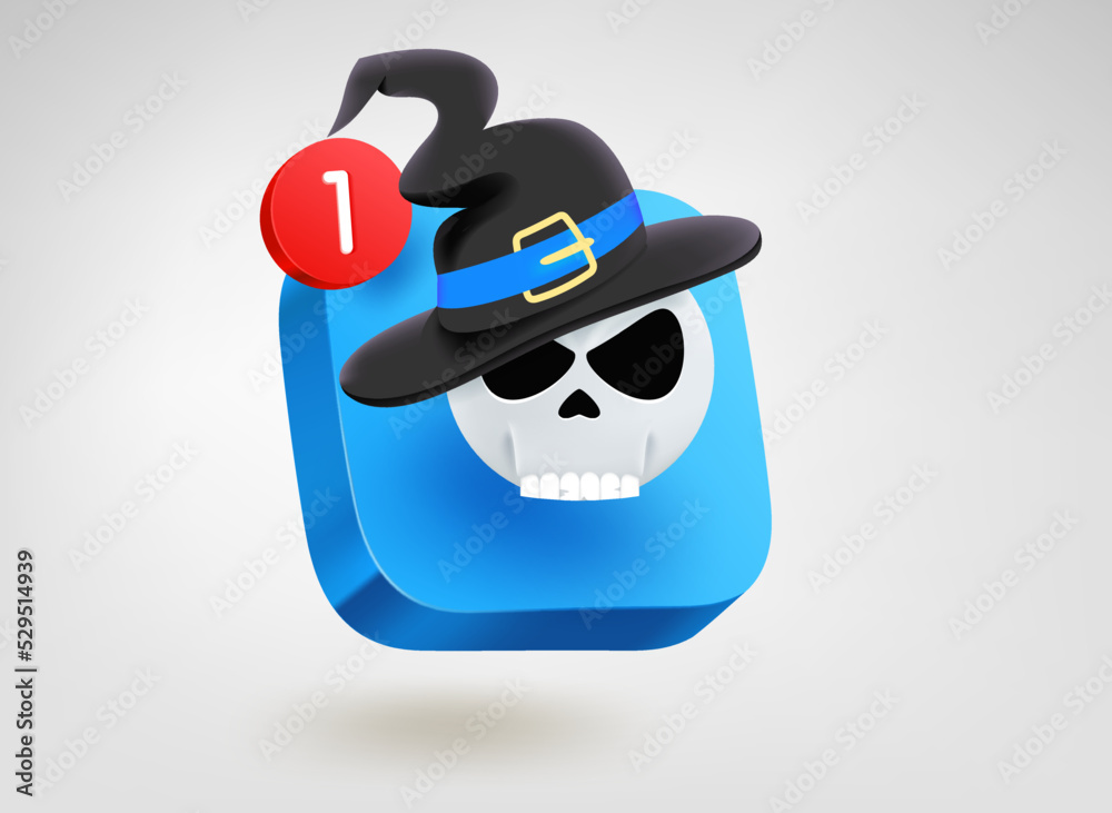 Poster Scull with hat. 3d vector mobile application icon with notification