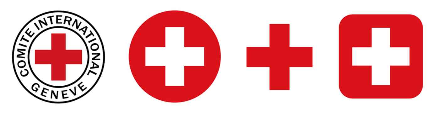 Red cross. Red cross original logotype, signs collection. Medicine health hospital icons. Vector illustration