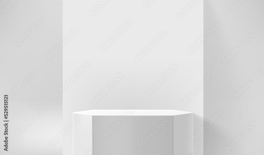 Poster Empty white showcase with whiie stand. 3d vector presentation mockup 