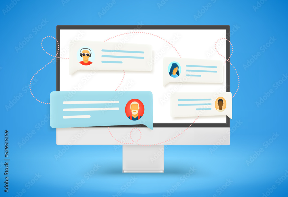 Poster modern computer monitor with social media communication clouds. 3d vector illustration