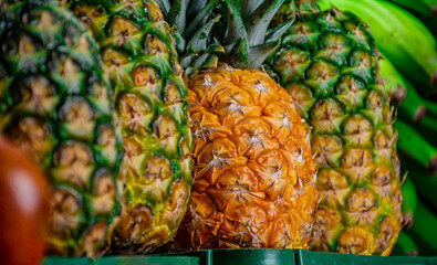 close up of pineapple. pineapple on the market. pineapples for sale. sweet fruit. tropical fruit. yellow fruits on the market. 