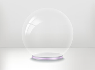 Empty white showcase with transparent glass sphere. 3d vector presentation mockup 
