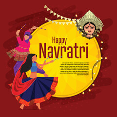 illustration of Goddess Durga for Happy Navratri festival, Couple Playing Dandiya, Garba Night in Navratri Celebration