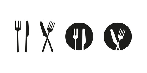 Fork and knife cutlery vector icon. Kitchen silverware eating equipment, restaurant logo set.