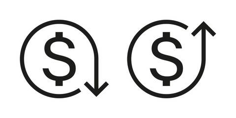 Dollar rise and fall icon. Coin increase and decrease financial symbol.