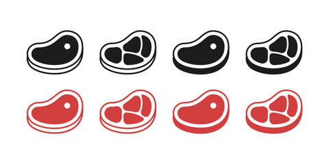 Steak meat icon. Grilled beef barbecue symbol set. Beefsteak raw and roasted flat collection.