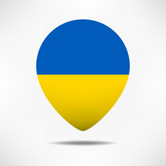 Ukraine map pointers flag with shadow. Pin flag