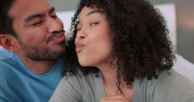Comic face, selfie and funny couple in love together in their home, house or bedroom. Goofy, silly and playful man and woman in partnership, trust and romance or crazy, fun joke or humor, meme or gag