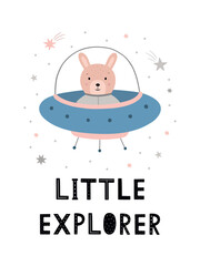 Funny kid's poster. Cute rabbit in a flying saucer. Hand-drawn lettering. Vector space illustration