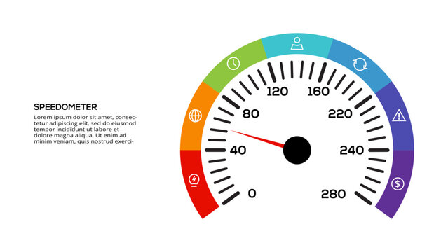 Speedometer infographic with 7 elements template for web, business, presentations, vector illustration. Business data visualization.