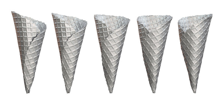 Collection of silver waffle cones five options on a white background, 3d render