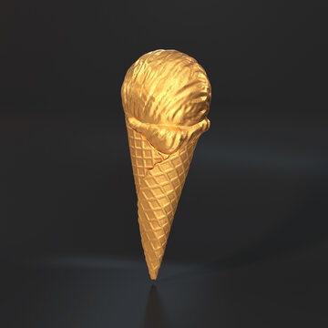 Golden ice cream in a waffle cone floating on a black background, 3d render