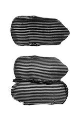 Black glossy strokes of oil or acrylic paint isolated on a white background, abstract shapes.