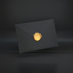 Black closed envelope with gold seal floating on a black background, 3d render - obrazy, fototapety, plakaty