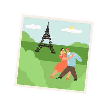 Cute France vacation pic, the landscape with sightseeing attractions, photography of the couple dancing, and the Eiffel Tower in the background. Save the memories concept. 