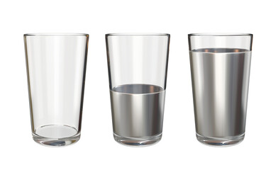 Set of glass glasses empty, half and full of silver liquid, 3d render