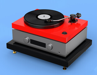 Fototapeta premium Vinyl record player or DJ turntable with retro vinyl disk on blue background.