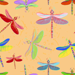 Bright multicolored seamless pattern with the image of dragonflies. Design for creating wallpaper and textile decor.