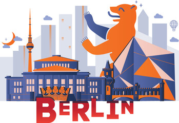 Typography word "Berlin" branding technology concept. Collection of flat vector web icons. Germany culture travel set, famous architectures, specialties detailed silhouette. European famous landmark.